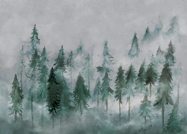 Świerkowy las we mgle fototapeta na wymiar górskie szczyty w stylu scandi