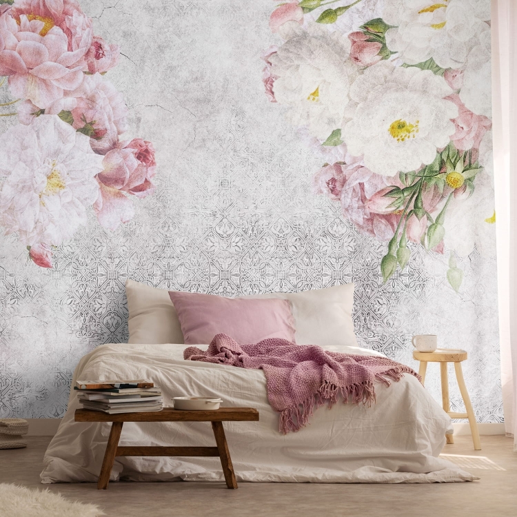 Dzikie róże na tle ornamentów kwiatowa fototapeta na wymiar Wall Art Cherished