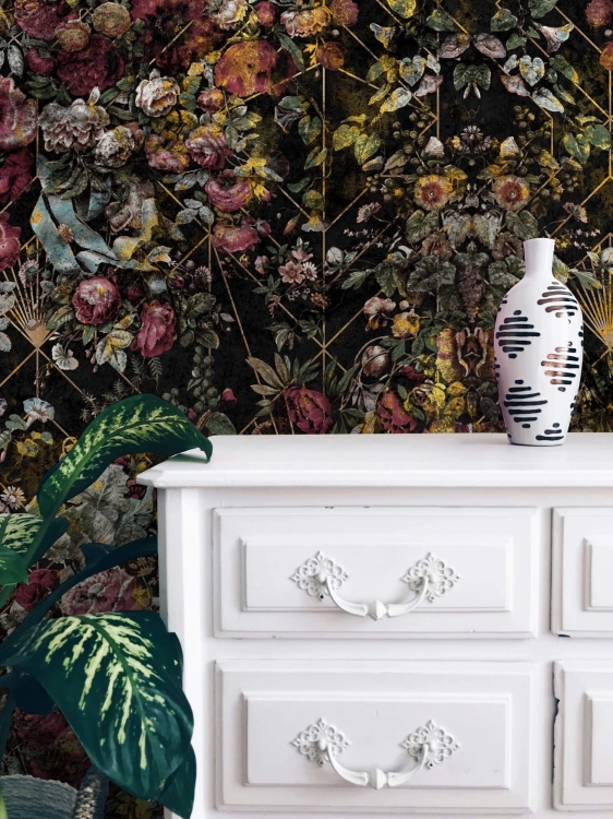 Drobne kwiaty na czarnym tle fototapeta na wymiar Opulence Glamour Black