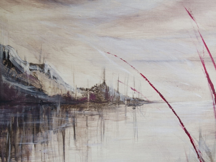 Wzgórza nad jeziorem i trzciny - fototapeta na wymiar jak obraz olejny na płótnie