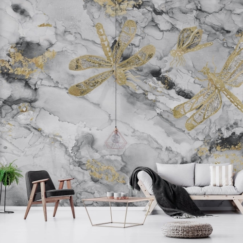 Akwarelowa abstrakcja ze złotymi ważkami - fototapeta na wymiar indywidualny