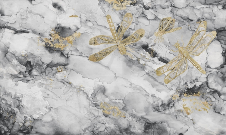 Akwarelowa abstrakcja ze złotymi ważkami - fototapeta na wymiar indywidualny