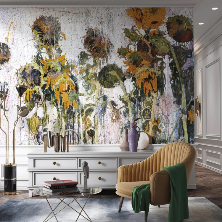 Fototapeta z motywem roślinnym Wonderwall Hellia słoneczniki na postarzanym tle