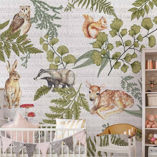 Leśne zwierzęta tapeta fizelinowa z botanicznymi akcentami do pokoju dziecięcego sarenki zające