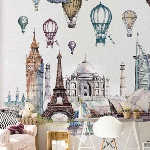 Podróże kolorowa tapeta na fizelinie do pokoju dziecięcego z balonami i budynkami
