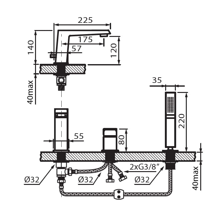 Vedo Sette bateria wannowa 3-otworowa chromowana VBS7030