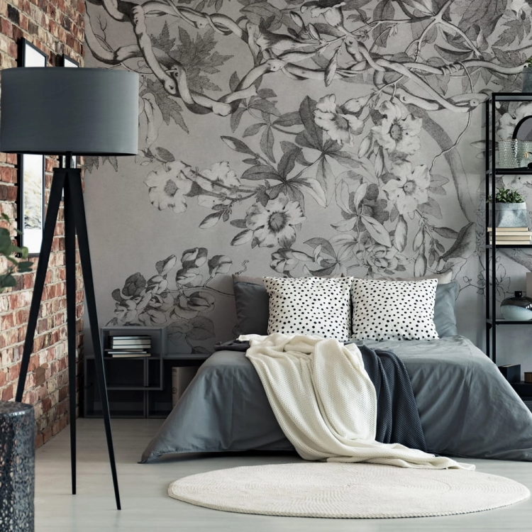 Szare gałęzie z kwiatami fototapeta na fizelinie jak obraz - wymiar indywidualny