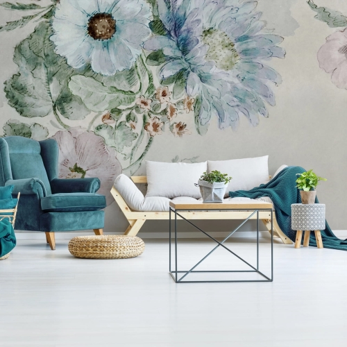 Duże pastelowe kwiaty na jasnym tle subtelna fototapeta na wymiar indywidualny