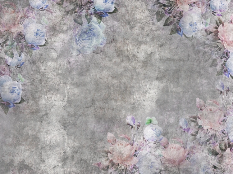 Betonowa ściana z niebieskimi kwiatami fototapeta na fizelinie - wymiar indywidualny