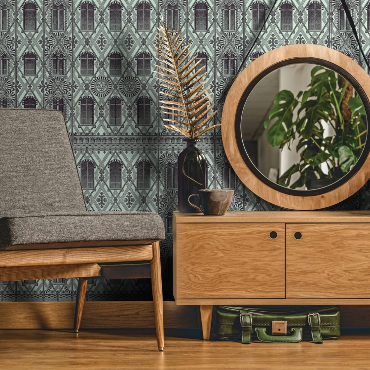 Eleganckie okna Fame tapeta na fizelinie z motywem kamienic