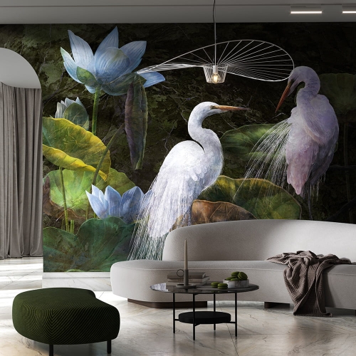 Fototapeta natura czapla biała i kwiaty Wonderwall Bianco