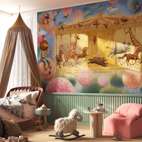 BonBon Wonderwall fototapeta do pokoju dziecięcego karuzela i wesołe zwierzątka