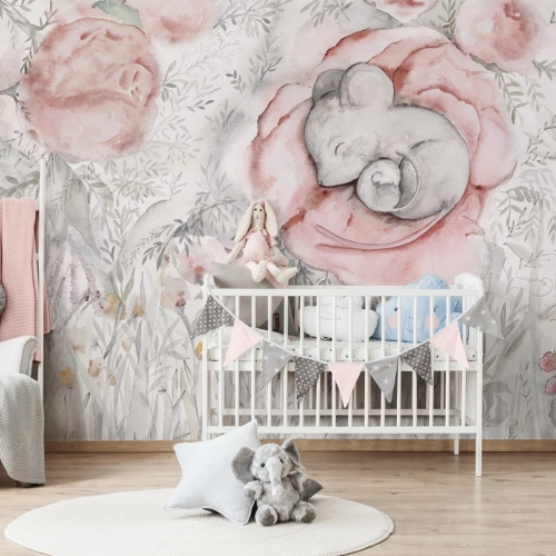 Myszki śpiące wśród kwiatów i traw pastelowa fototapeta do pokoju dziecięcego