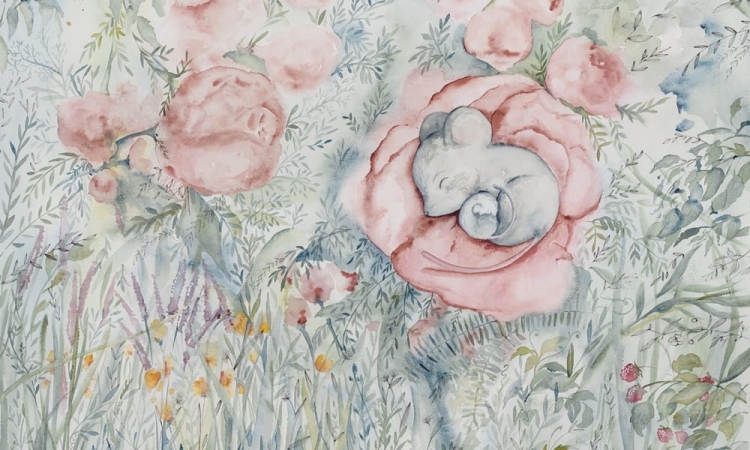 Myszki śpiące wśród kwiatów i traw pastelowa fototapeta do pokoju dziecięcego