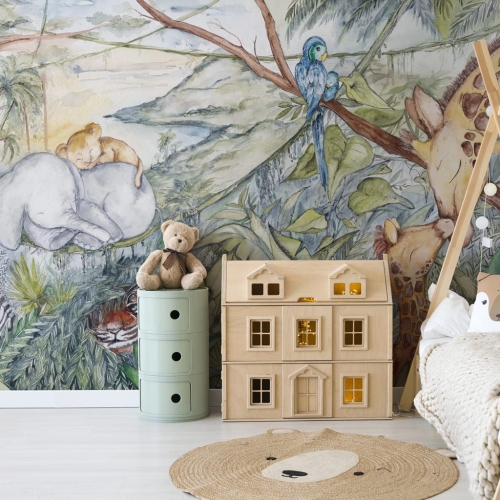 Dzikie zwierzątka fototapeta do pokoju dziecięcego - lwiątko, słoń, żyrafy