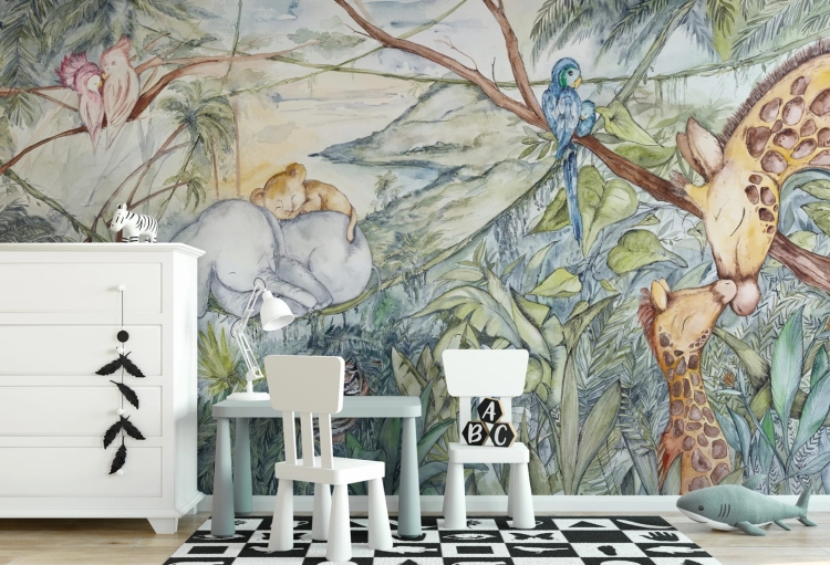 Dzikie zwierzątka fototapeta do pokoju dziecięcego - lwiątko, słoń, żyrafy