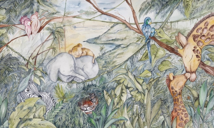 Dzikie zwierzątka fototapeta do pokoju dziecięcego - lwiątko, słoń, żyrafy