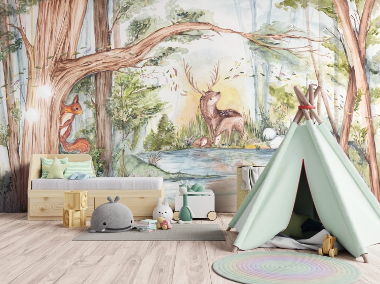 Magiczne leśne jezioro fototapeta do pokoju dziecięcego ze zwierzątkami