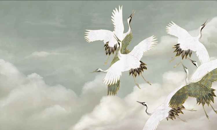 WallArt Sage Tsuru żurawie na tle chmur fototapeta na wymiar indywidualny