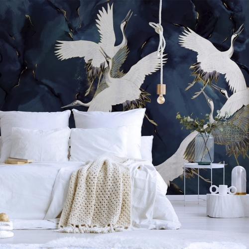 WallArt Tsuru żurawie na tle burzowego nieba fototapeta na wymiar indywidualny