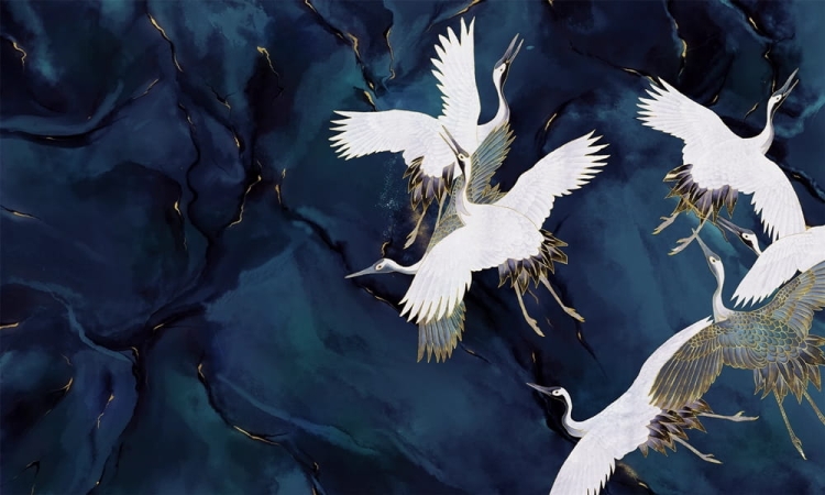 WallArt Tsuru żurawie na tle burzowego nieba fototapeta na wymiar indywidualny