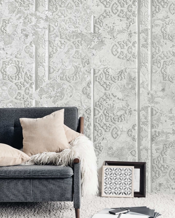 Arabesco Wonderwall jasna dekoracyjna tapeta ścienna na fizelinie z motywem sztukaterii
