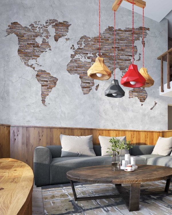Loft Map Wonderwal tapeta na fizelinie loftowa mapa świata z czerwonymi cegłami