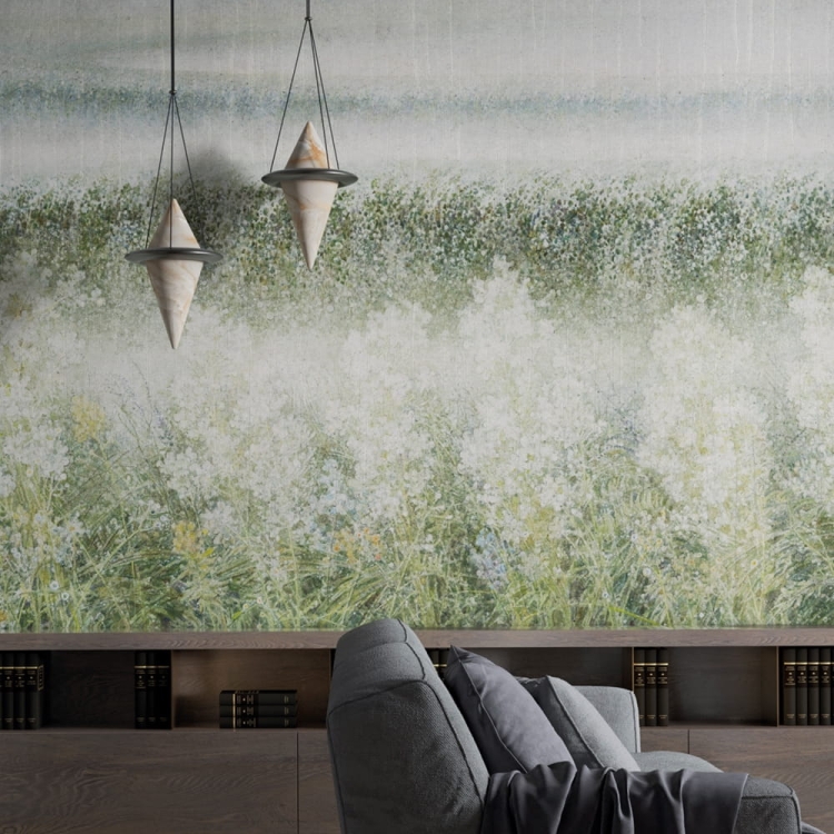 Linea Wonderwall Studio fototapeta zielone łąki pokryte mgłą