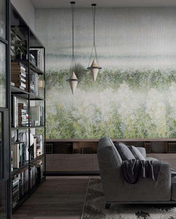 Linea Wonderwall Studio fototapeta zielone łąki pokryte mgłą