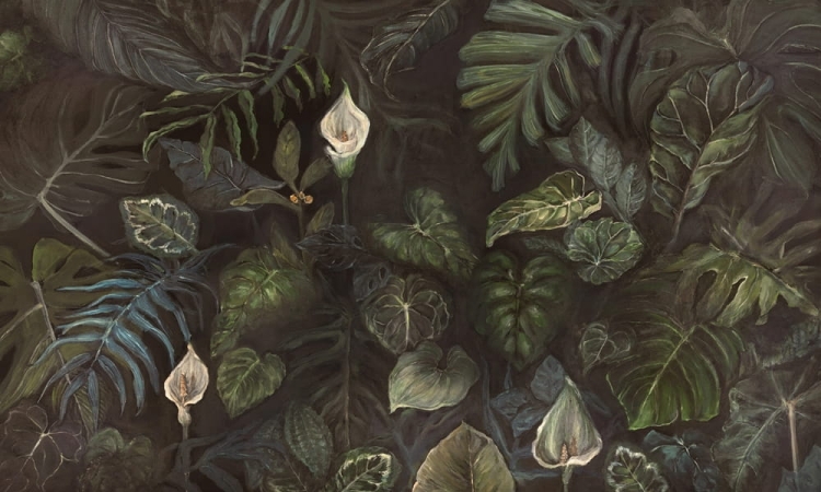 Kalia i tropikalne liście WallArt ciemnozielona fototapeta z egzotycznym motywem