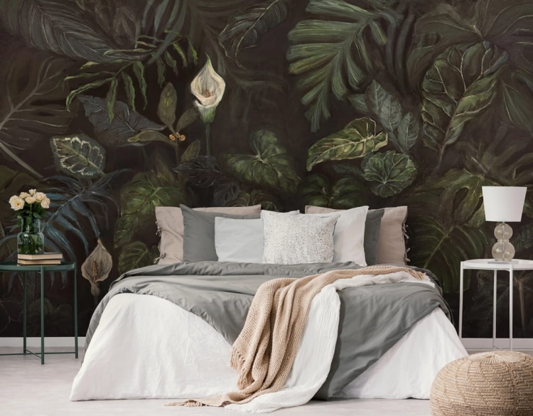 Kalia i tropikalne liście WallArt ciemnozielona fototapeta z egzotycznym motywem