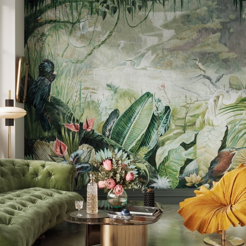 Wonderwall Gaia zielona tropikalna fototapeta dżungla liście i ptaki