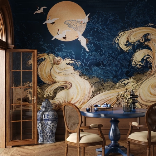 Wonderwall Lucent fototapeta japandi żurawie w locie morzem