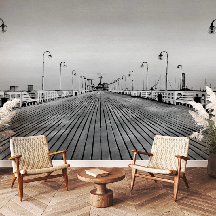 Molo czarno-biała szkicowana fototapeta na wymiar Molo w Sopocie