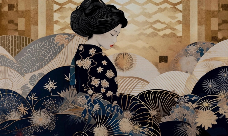 Wall Art Kinui orientalna fototapeta na wymiar Gejsza wachlarze