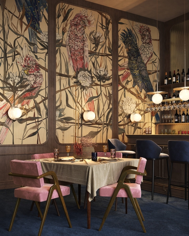 Wonderwall Makani fototapeta z motywem papug kakadu i roślin