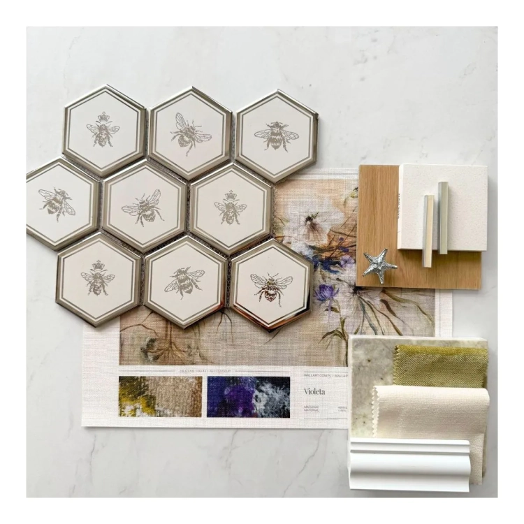 Raw Decor Heksagon XL Queen Bee Silver mozaika ze srebrnym motywem pszczół