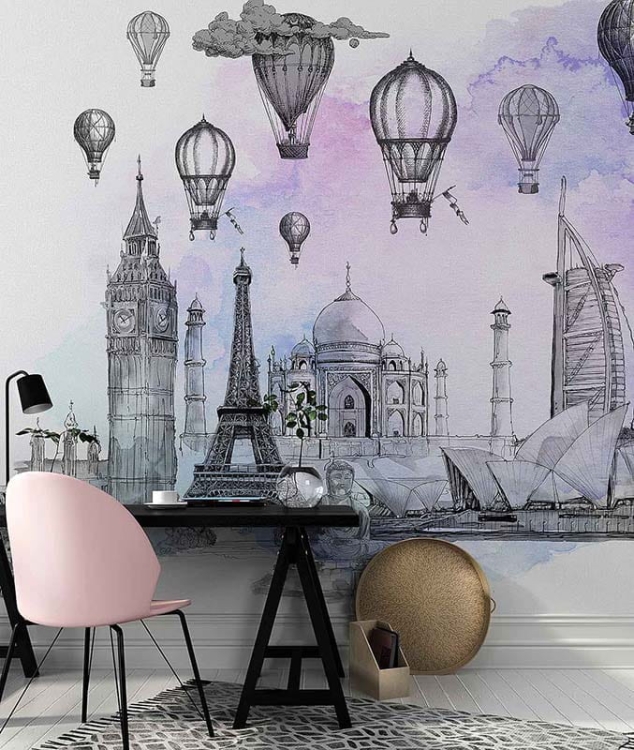 Podróże tapeta z balonami i budynkami