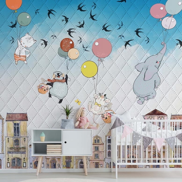 Pikowana bajkowa tapeta zwierzaki i balony