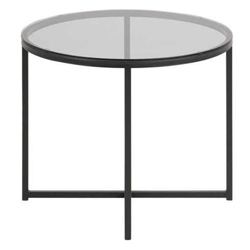 Minimalistyczny stolik kawowy ze szklanym blatem i czarną metalową podstawą Kross