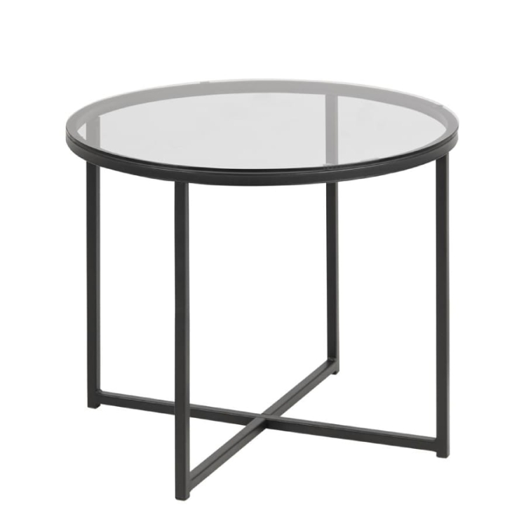 Minimalistyczny stolik kawowy ze szklanym blatem i czarną metalową podstawą Kross