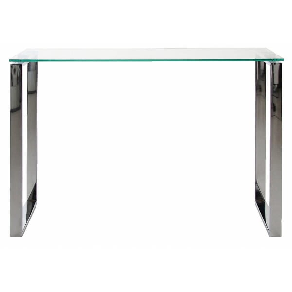 Minimalistyczna konsola na metalowej podstawie ze szklanym blatem